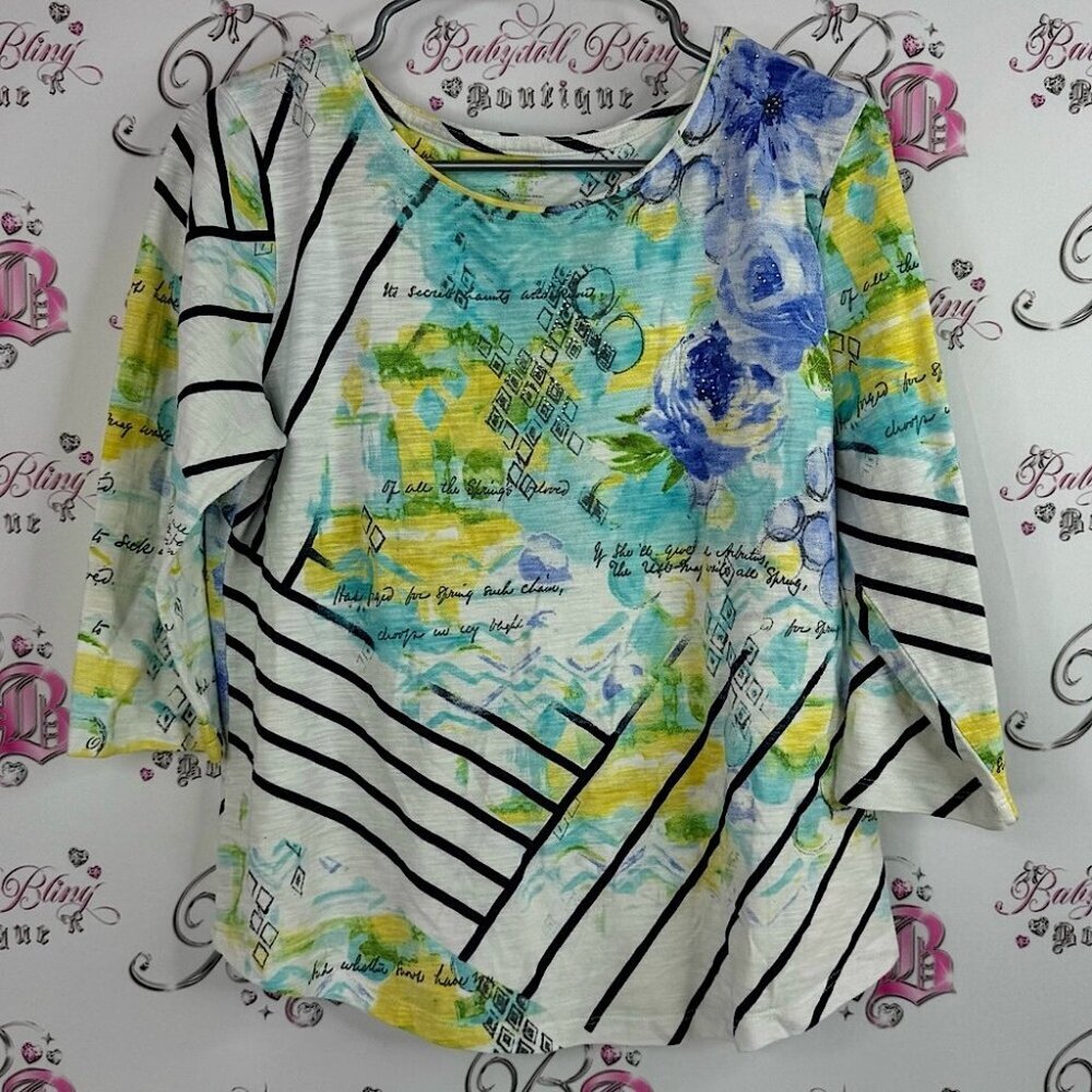 Alia shirt bright artistic rhinestones floral  Floral Striped Women's Top